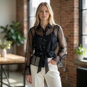 Joseph Ribkoff Black Sheer Organza Blouse Faux Pearls Bell Sleeve Tie Waist NWT4